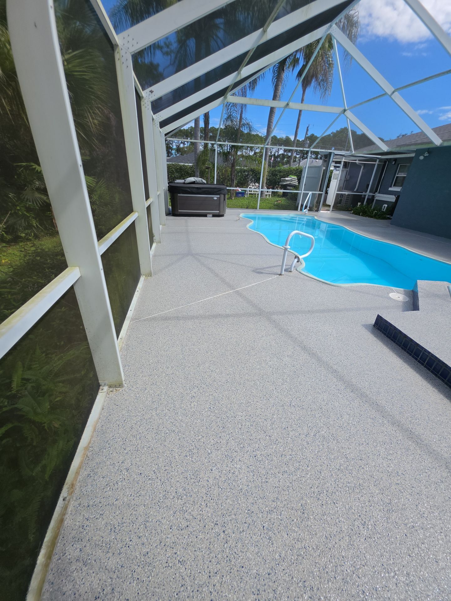Screened pool enclosure with gray flake polyurea deck coating